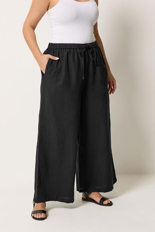  YOURS Curve Black Crochet Detail Linen Trousers