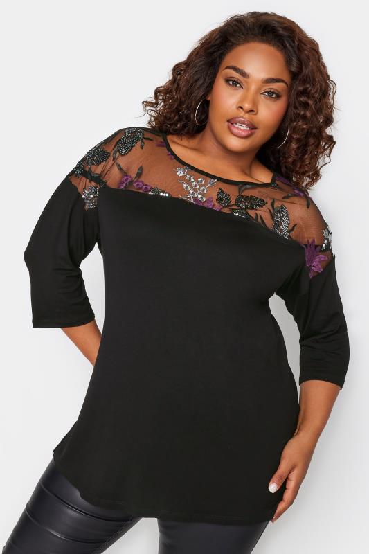  Grande Taille YOURS Curve Black Floral Mesh Top