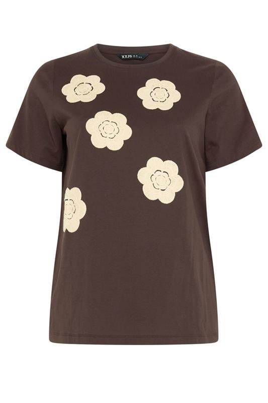 YOURS Plus Size Chocolate Brown Daisy Applique T-Shirt | Yours Clothing 5