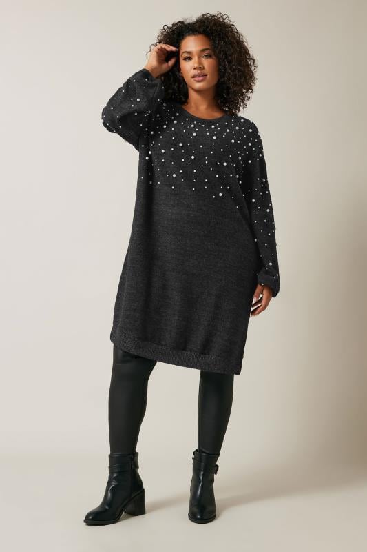 EVANS Plus Size Charcoal Grey Pearl Embellished Soft Touch Jumper Dress | Evans 2