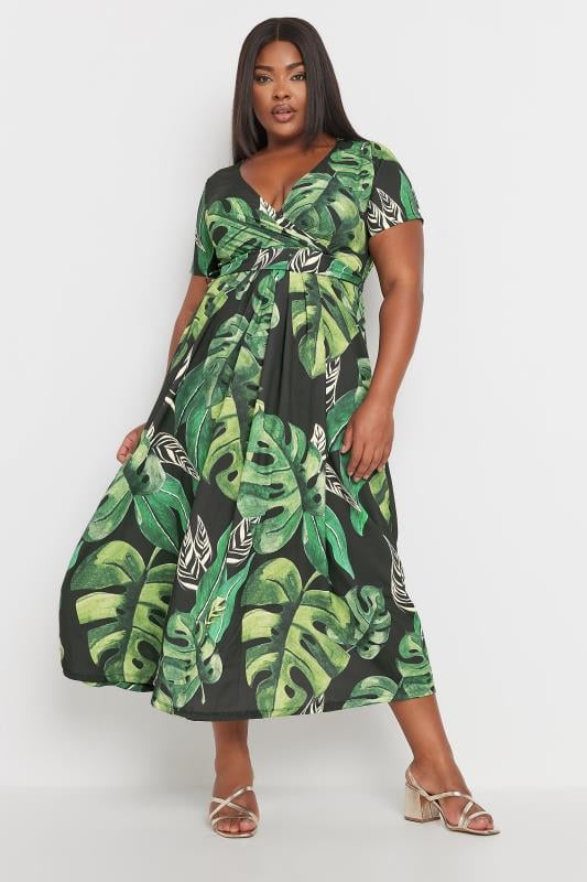 YOURS Plus Size Black Leaf Print Short Sleeve Wrap Maxi Dress Yours Clothing