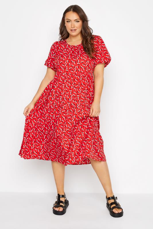 Curve Red Ditsy Print Tiered Smock Midaxi Dress_A.jpg