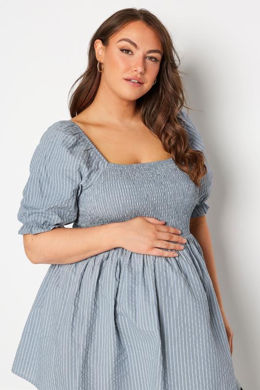 BUMP IT UP MATERNITY Plus Size Blue Stripe Print Shirred Smock Top | Yours Clothing 7