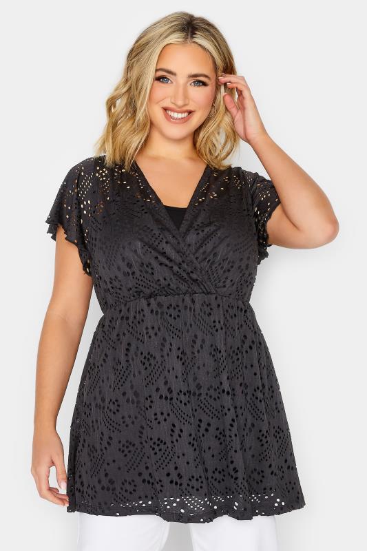  Tallas Grandes YOURS Curve Black Broderie Wrap Top