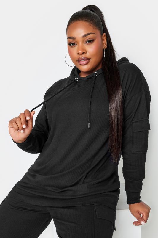 Plus Size  YOURS Curve Black Ribbed Cargo Hoodie