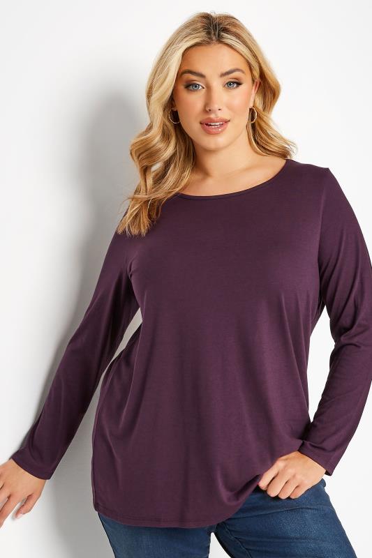 Plus Size Dark Purple Long Sleeve T-Shirt | Yours Clothing 1