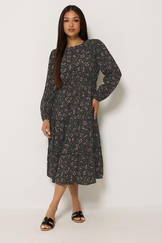 M&Co Petite Black Floral Long Sleeve Ruffle Dress | M&Co 1