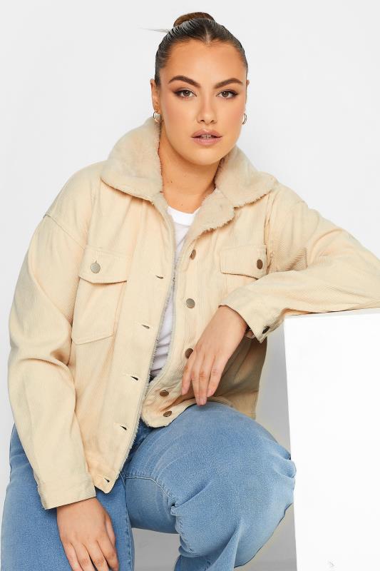 LIMITED COLLECTION Plus Size Cream Fur Collar Cord Jacket | Yours Clothing  4