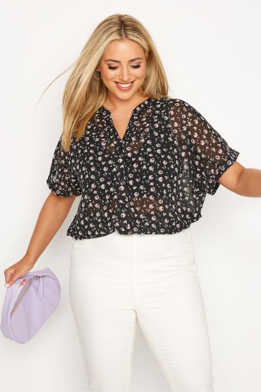 Plus Size Black Floral Chiffon Grown On Sleeve Shirt | Yours Clothing 2