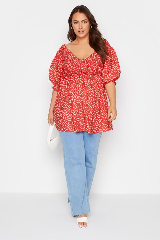 LIMITED COLLECTION Plus Size Red Daisy Shirred Bardot Peplum Blouse | Yours Clothing 2
