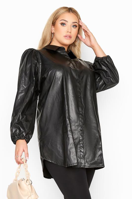 Black Leather Look Puff Sleeve Shirt | Yours Clothing