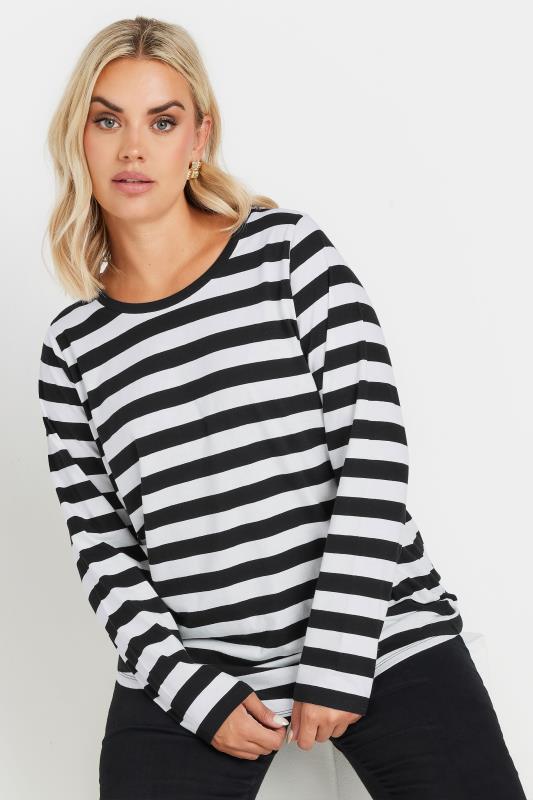 YOURS Plus Size Black & White Stripe Print T-Shirt | Yours Clothing  1