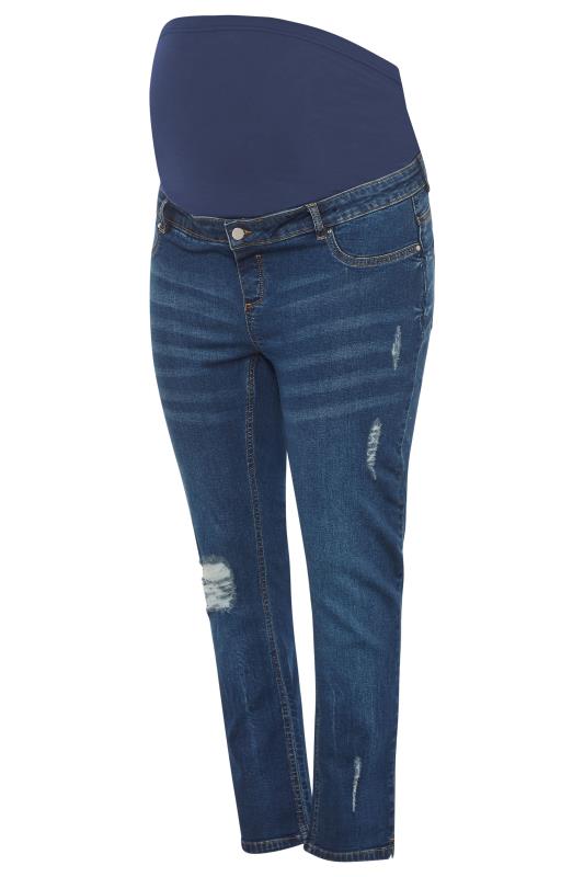 BUMP IT UP MATERNITY Curve Blue Distressed Straight Leg Jeans With Comfort Panel 3