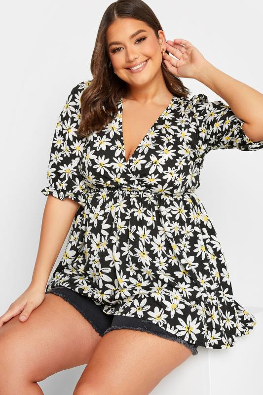 YOURS Plus Size Black Floral Print Wrap Top | Yours Clothing
