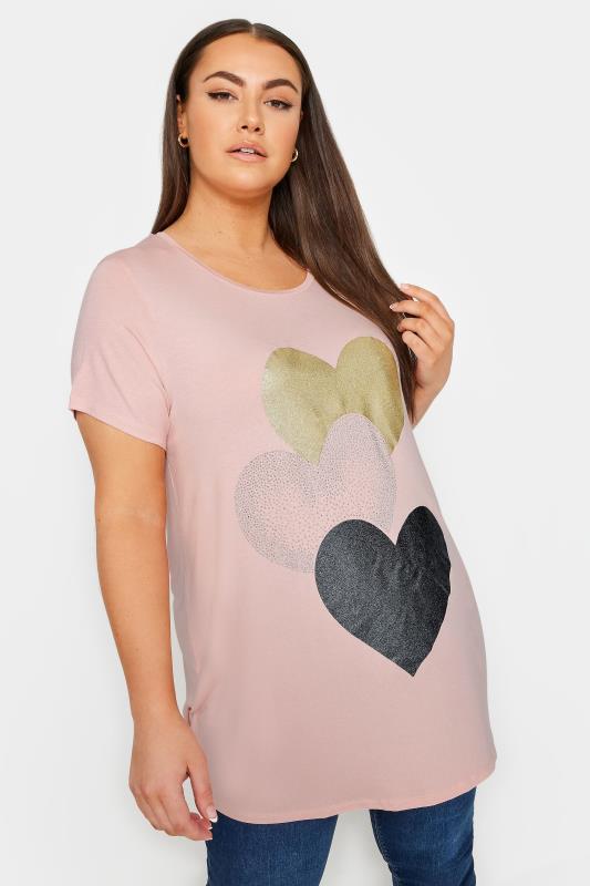 YOURS Plus Size Light Pink Glitter Heart Print T-Shirt | Yours Clothing  1