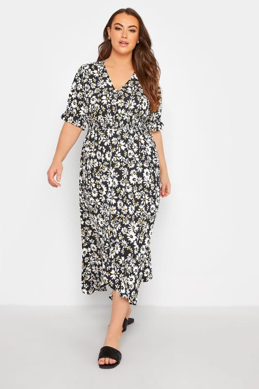 LIMITED COLLECTION Plus Size Black Daisy Print Hanky Hem Midi Dress | Yours Clothing 2