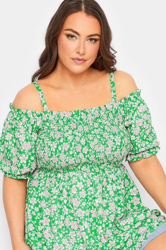 Plus Size Green Floral Print Cold Shoulder Top | Yours Clothing  5