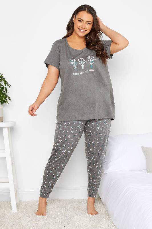 YOURS Plus Size Curve Grey Floral Cuffed Pyjama Bottoms | Yours Clothing  3