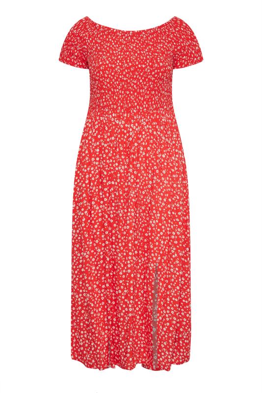 Plus Size Red Ditsy Shirred Bardot Midaxi Dress | Yours Clothing 6