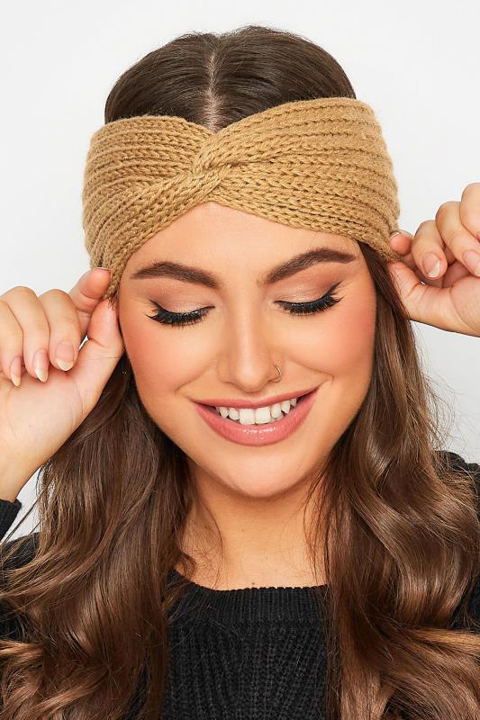 Plus Size Beige Brown Knitted Twist Headband | Yours Clothing 1