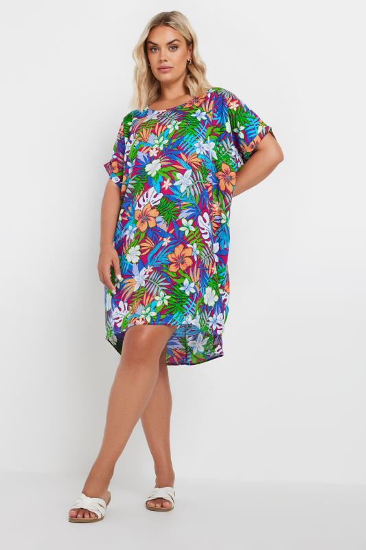 YOURS Plus Size Blue & Green Tropical Print Tunic Dress | Yours Clothing 3