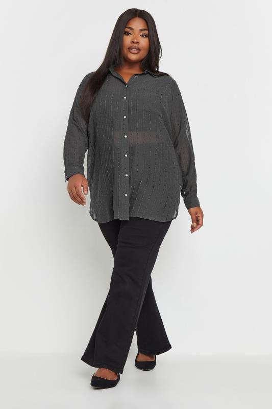 YOURS Plus Size Charcoal Grey Sheer Textured Shirt | Yours Clothing  3