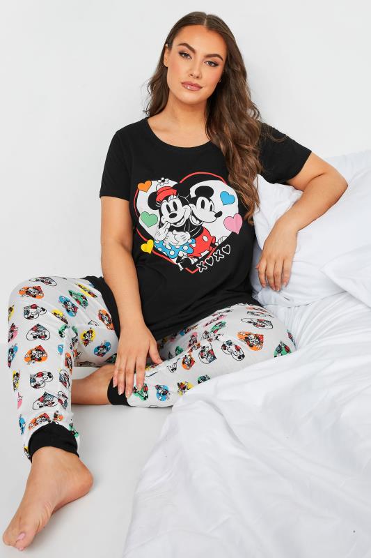 DISNEY Plus Size Black Cuffed Mickey and Minnie Pyjama Set 1