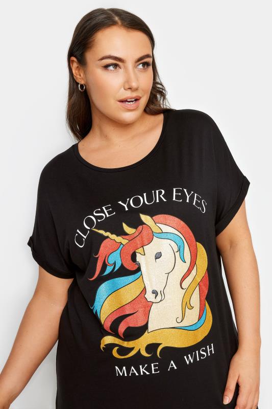 YOURS Plus Size Black Unicorn Wish Glitter Embellished T-Shirt | Yours Clothing 4