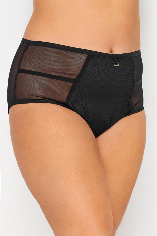 Plus Size Black Mesh Detail High Waisted Full Briefs | Yours Clothing  1