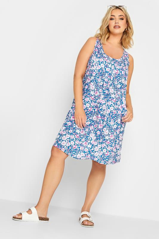 Plus Size  YOURS Curve Blue Floral Print Pocket Dress