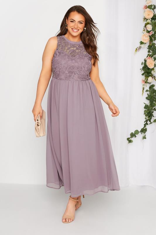 YOURS LONDON Curve Purple Lace Front Chiffon Maxi Bridesmaid Dress 1