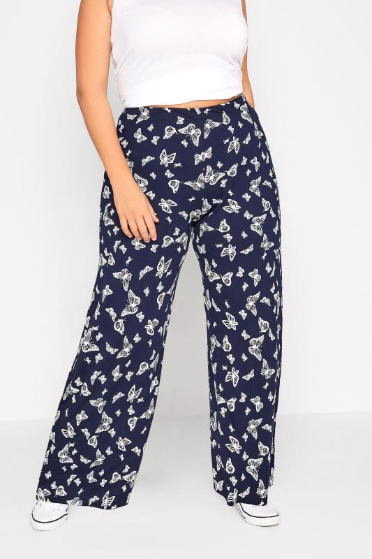  Grande Taille Curve Navy Blue Butterfly Wide Leg Trousers