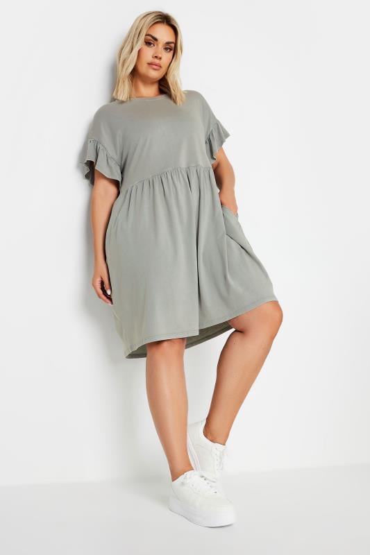 Plus Size  YOURS Curve Grey Acid Wash Frill Sleeve Mini Dress