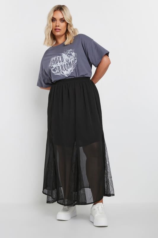 YOURS Plus Size Black Lace Godet Maxi Skirt | Yours Clothing  3