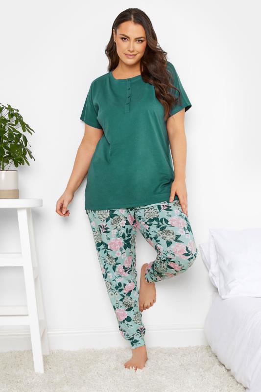 YOURS Plus Size Green Floral Cuffed Pyjama Bottoms | Yours Clothing  3