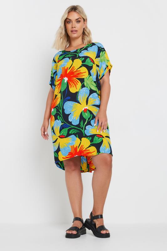 YOURS Plus Size Yellow & Blue Floral Print Tunic Dress | Yours Clothing 1