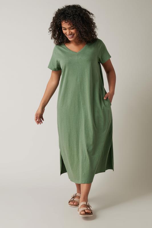  EVANS Curve Khaki Green Cotton Midi Dress