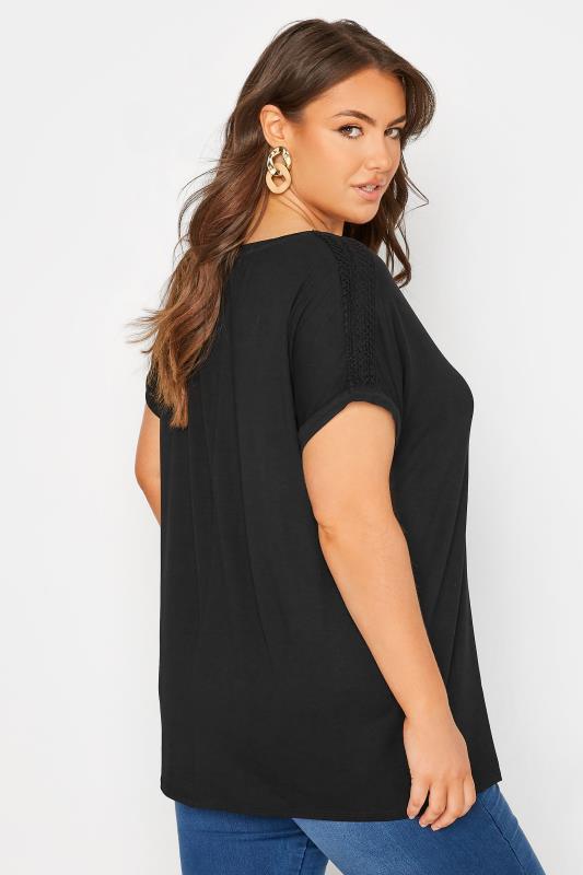 Plus Size Black Crochet Shoulder T-Shirt | Yours Clothing 3