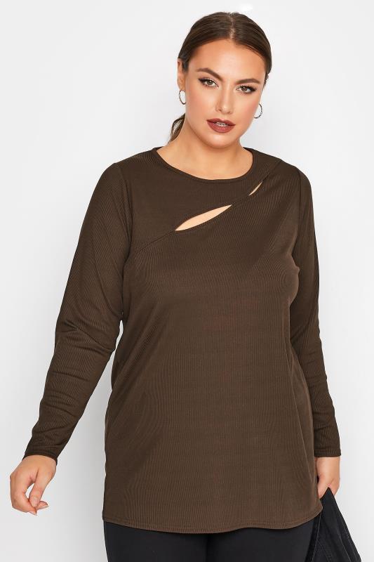 LIMITED COLLECTION Curve Chocolate Brown Ribbed Cut Out Top 4
