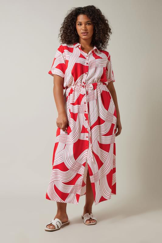 EVANS Plus Size Red Linear Print Midi Dress | Evans 1