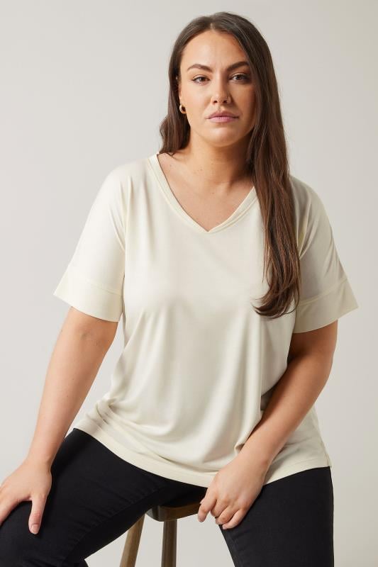 EVANS Plus Size Ivory White V-Neck Modal Rich T-Shirt | Evans 1