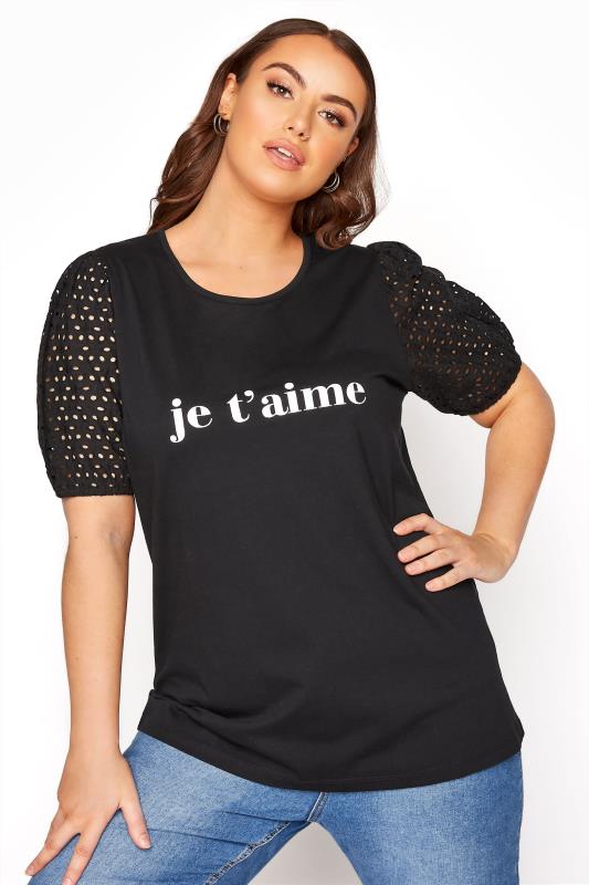 Plus Size  LIMITED COLLECTION Black Broderie Anglaise Puff Sleeve "Je T'aime" Slogan T-shirt