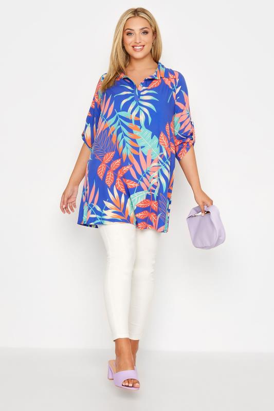 Plus Size Blue Leaf Print Collared Tunic Top | Yours Clothing 2