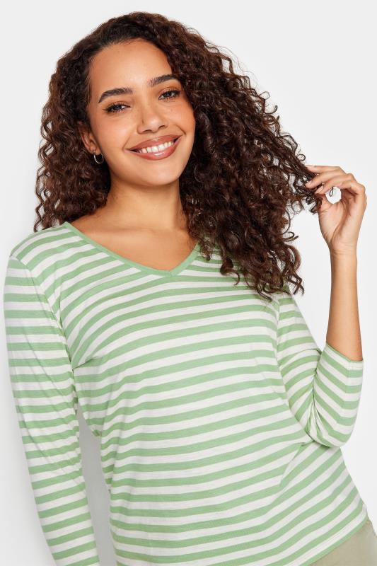M&Co Green & Ivory Stripe V-Neck Cotton Long Sleeve T-Shirt | M&Co 4