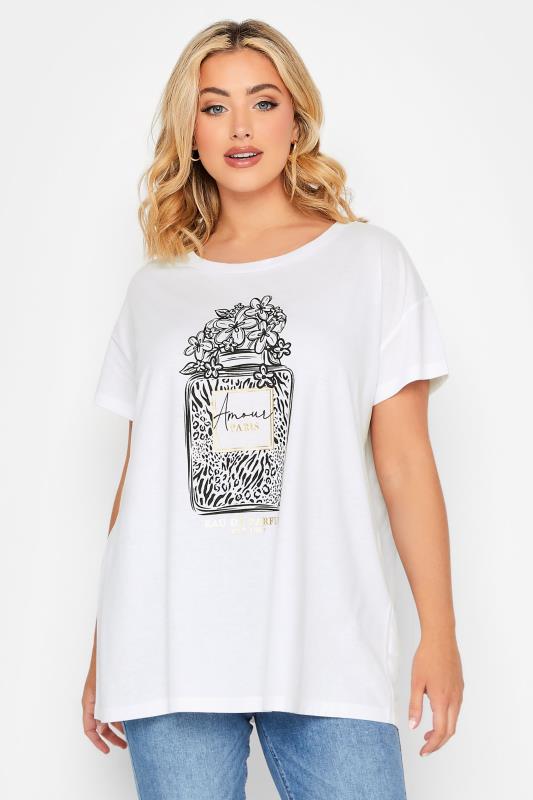 YOURS Plus Size White 'Amour' Perfume Print T-Shirt | Yours Clothing 1
