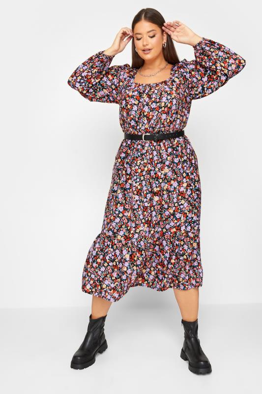 Plus Size Black Ditsy Print Balloon Sleeve Midaxi Dress | Yours Clothing 2