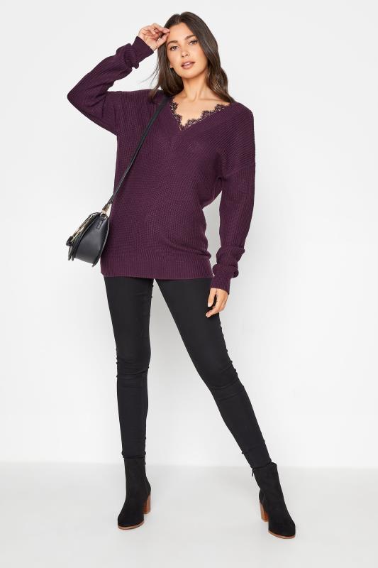 LTS Tall Plum Purple Lace Trim V-Neck Knitted Jumper 2