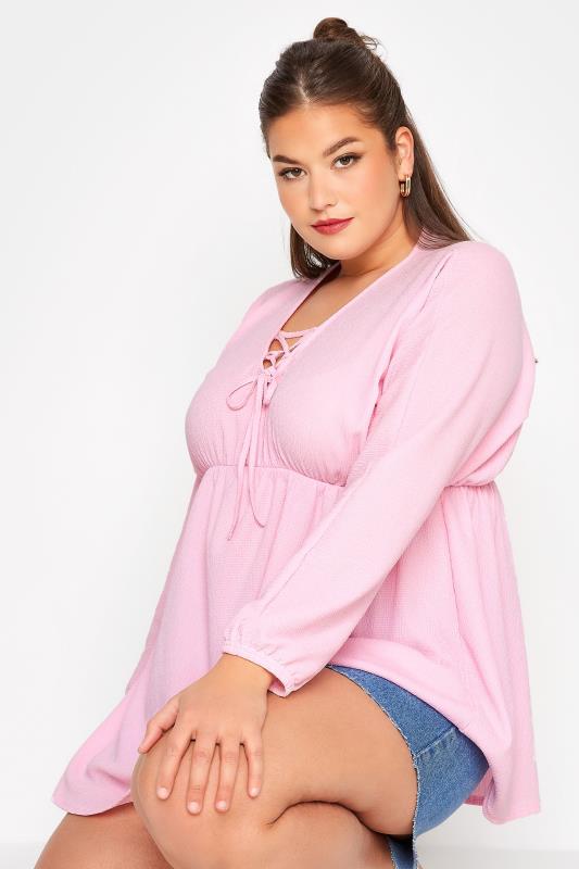 LIMITED COLLECTION Plus Size Pink Crinkle Lace Up Peplum Blouse | Yours Clothing 4