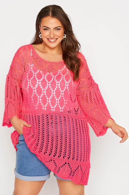 Plus Size  Curve Pink Crochet Knit Slash Neck Top