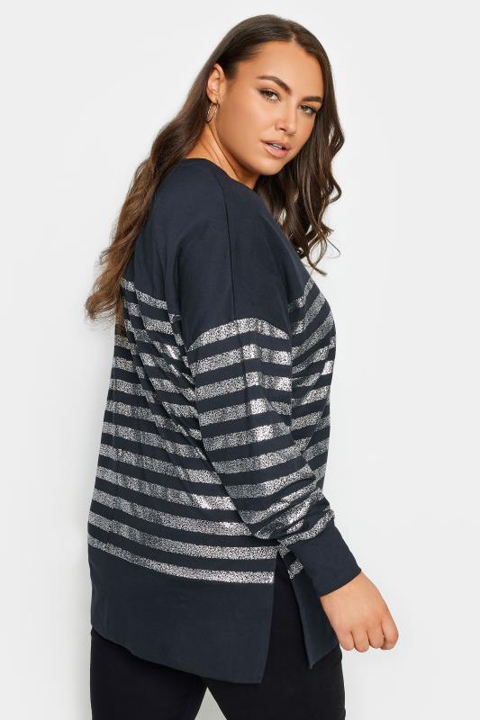 YOURS LUXURY Navy Blue Metallic Wide Stripe Top | Yours Clothing 4